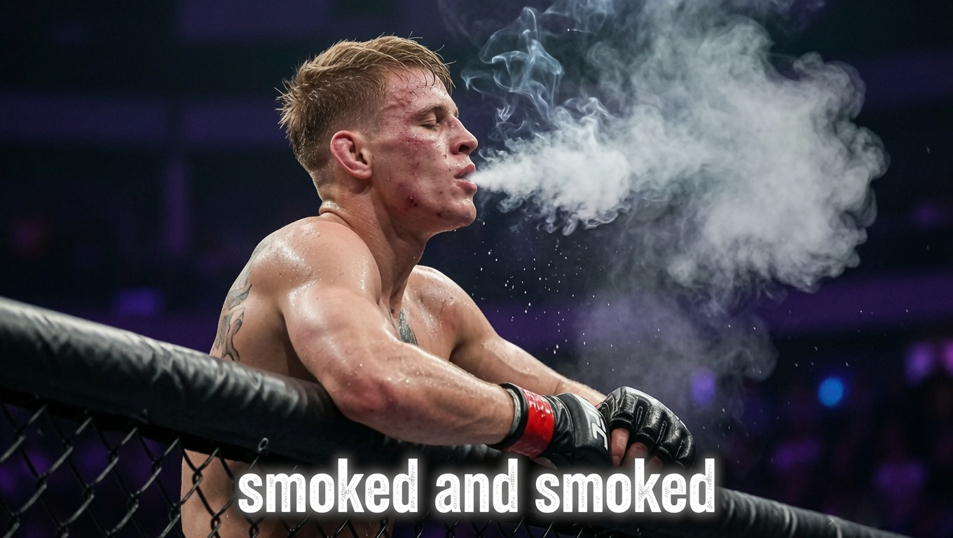 Fighter exhaling smoke over the cage with 'smoked and smoked' caption