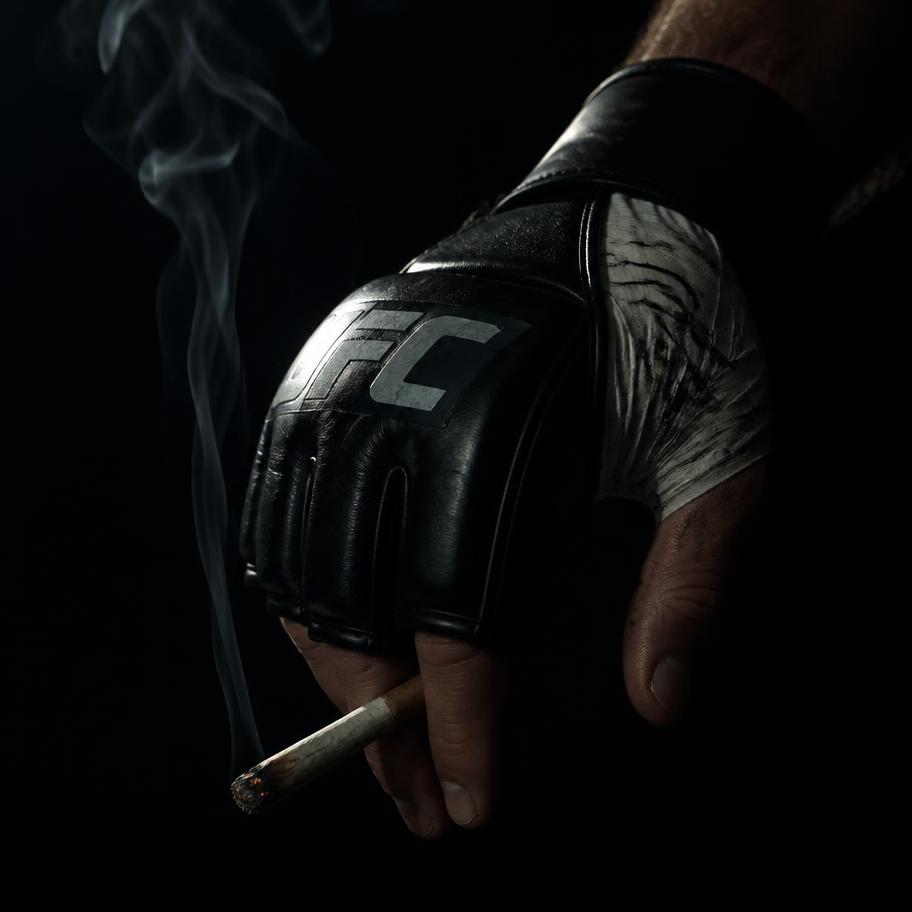 Gloved hand holding a lit joint